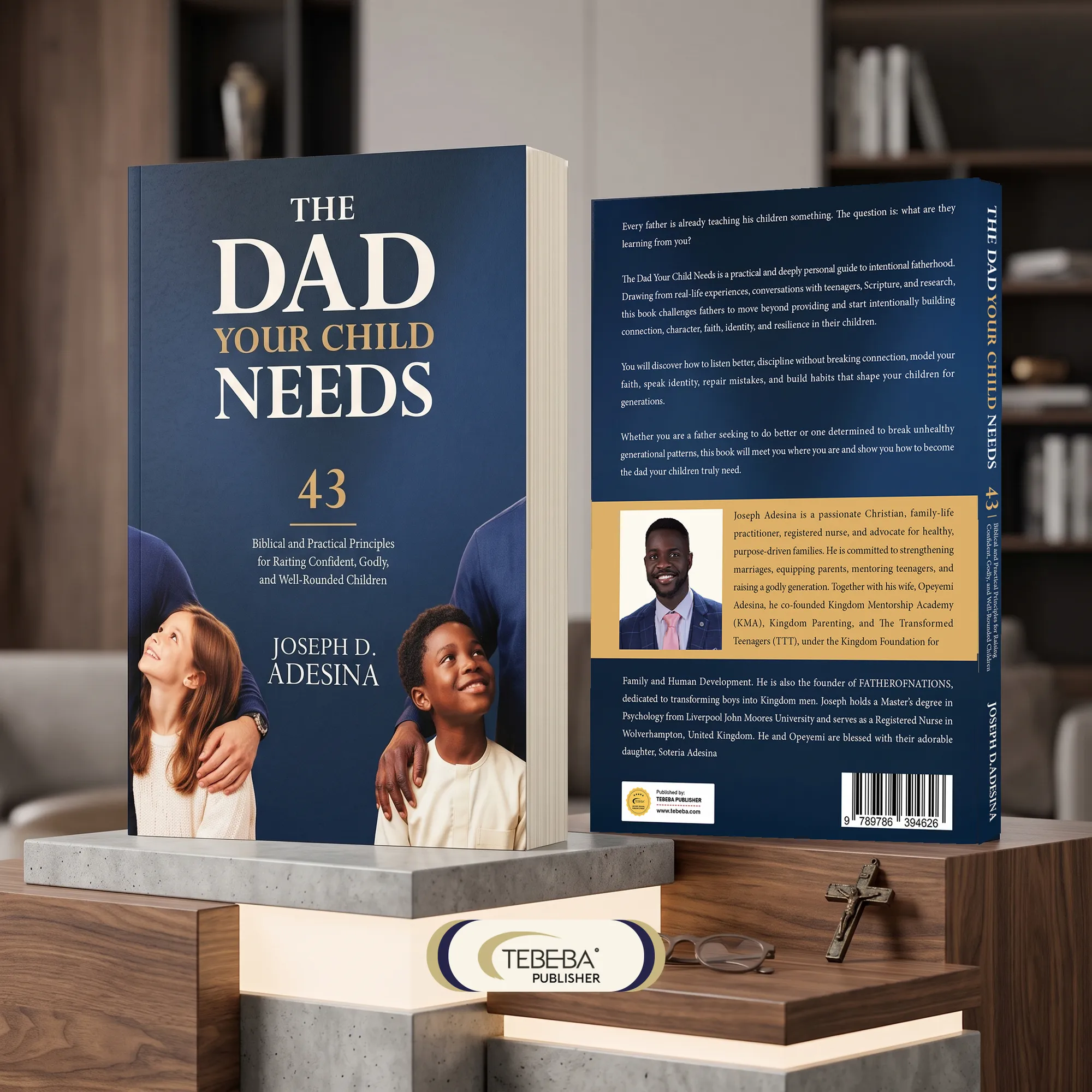 Front and back covers of The Dad Your Child Needs on a shelf in a home library