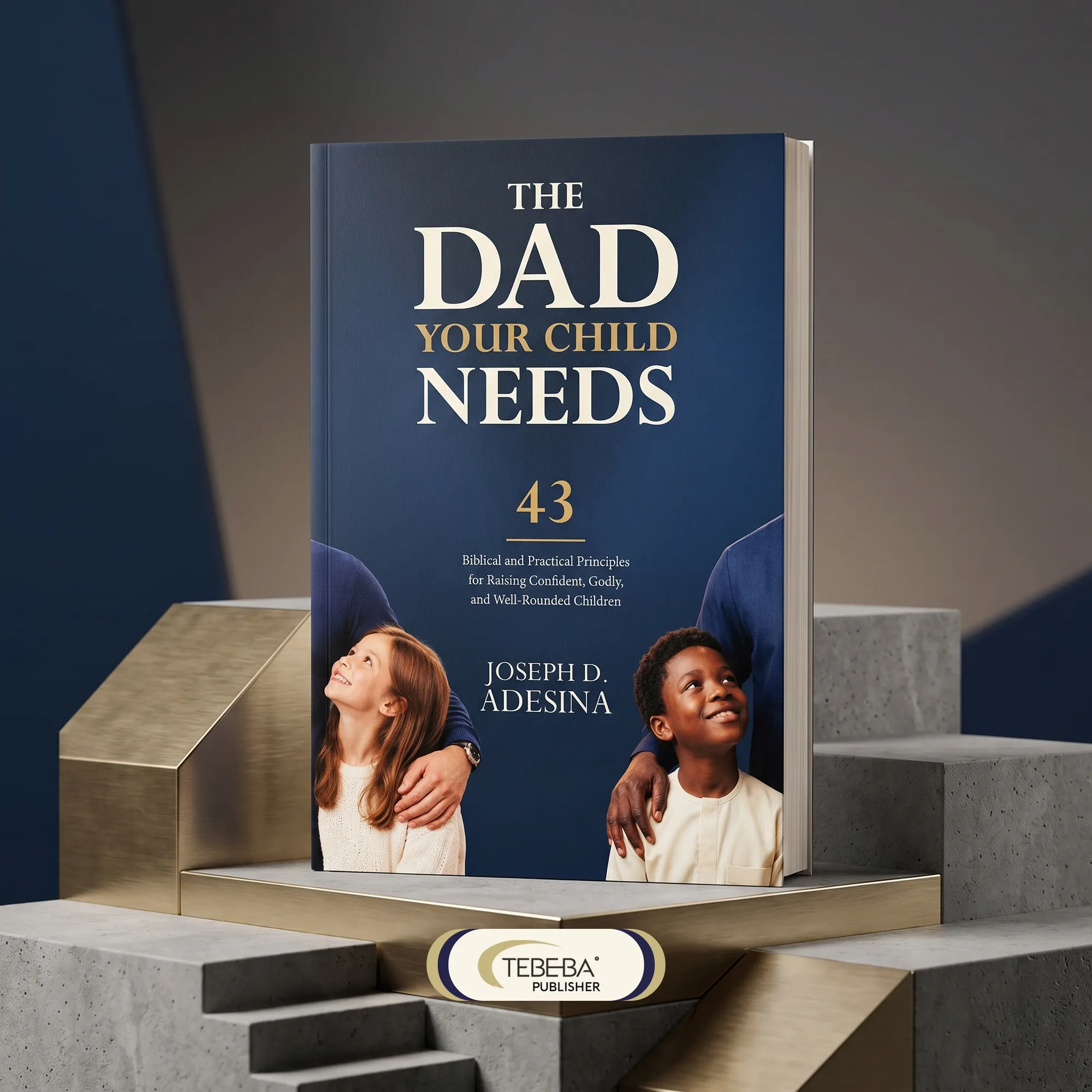 The Dad Your Child Needs standing on gold and stone steps against a navy wall